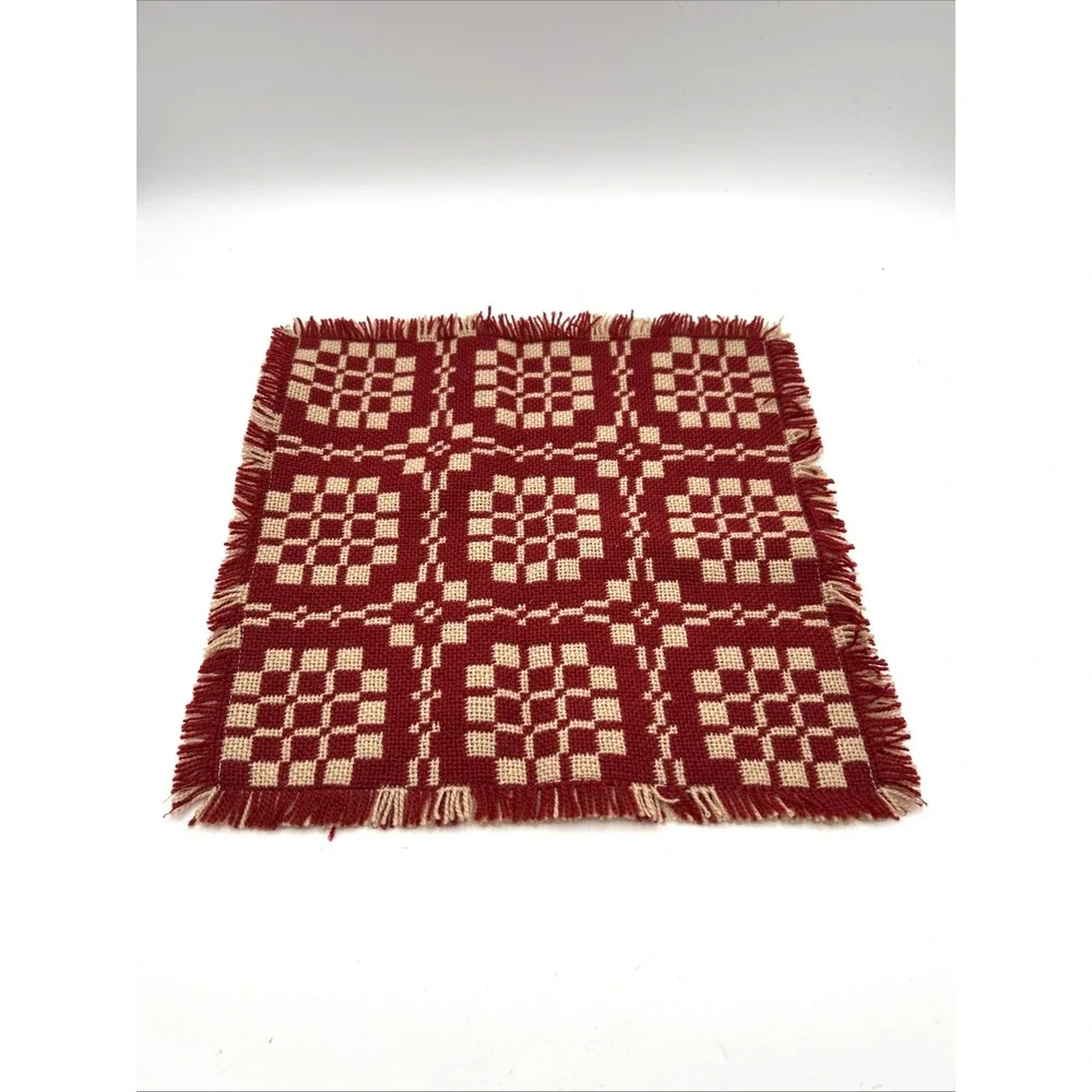 Dunroven House Table Mat 12x12 Red Cream Wool Coverlet Weave Fringe Square Small